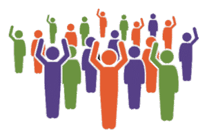 Illustration of people celebrating using HLAA purple, orange and green colors